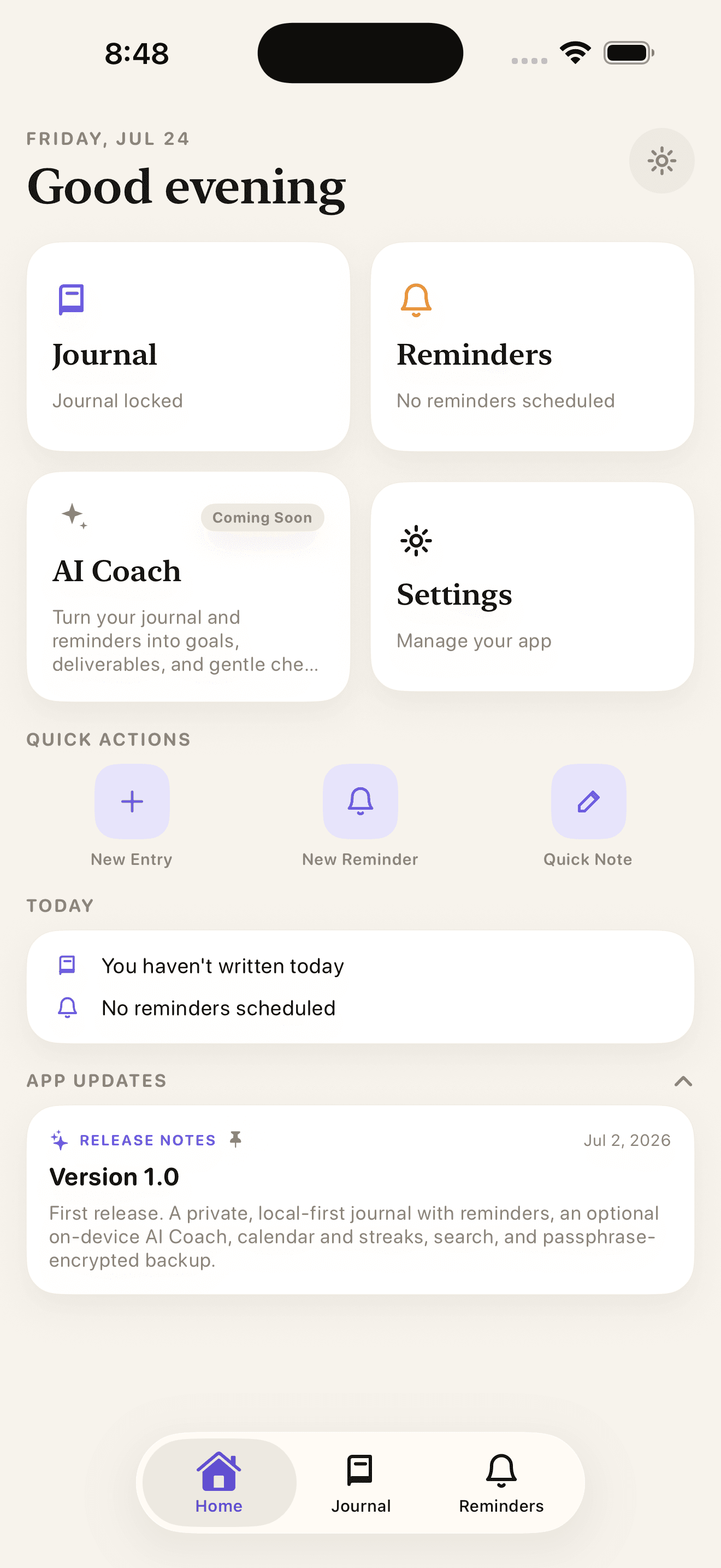 Journal home screen showing the Journal and Reminders cards, quick actions, and today's summary