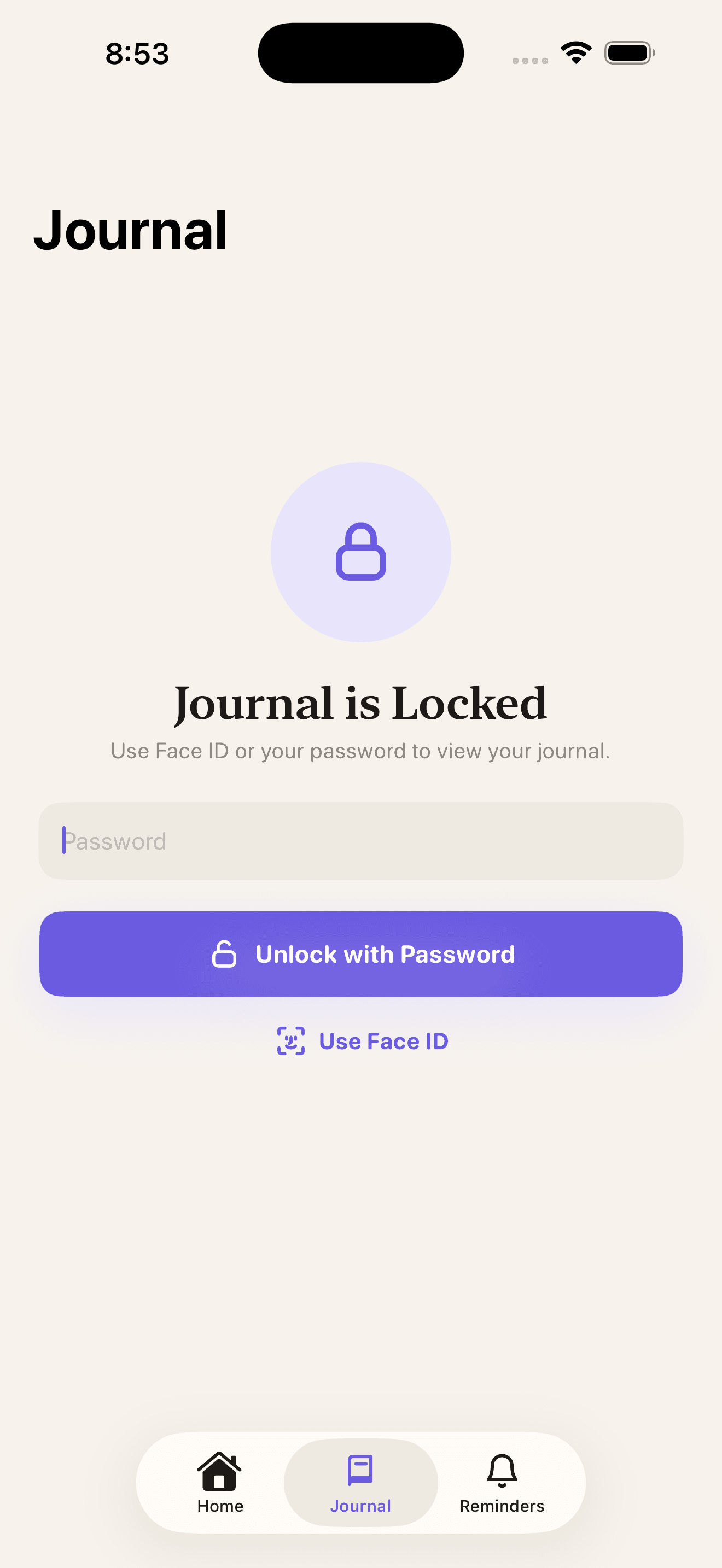 Journal lock screen with a password field and a Use Face ID option