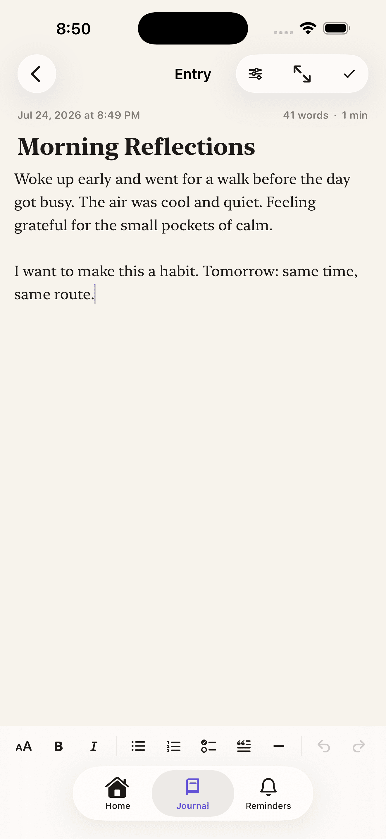 Journal entry editor showing formatted text, a word count of 41 words and 1 minute reading time, and a formatting toolbar