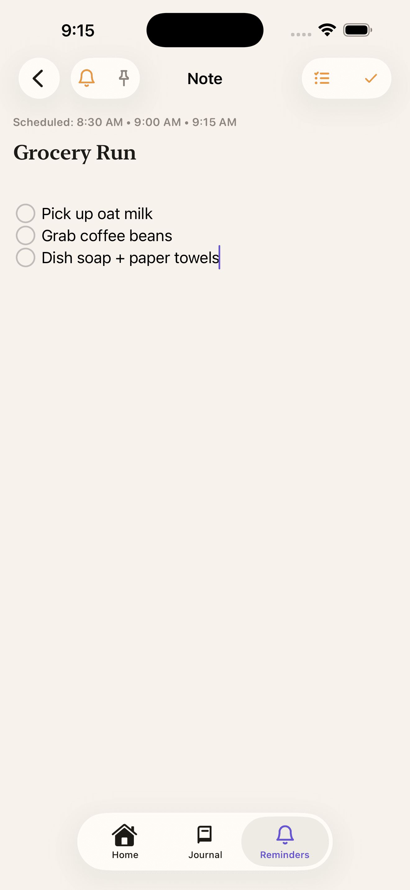 A reminder note titled Grocery Run with a checklist and three scheduled times