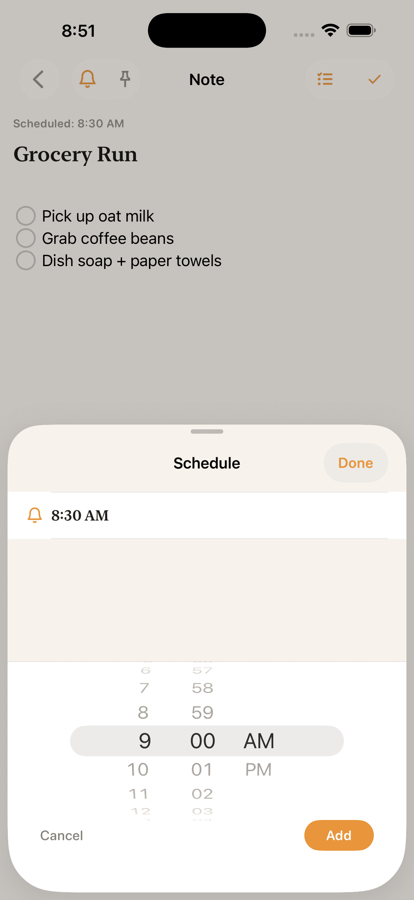 A schedule sheet for adding another reminder time to a note