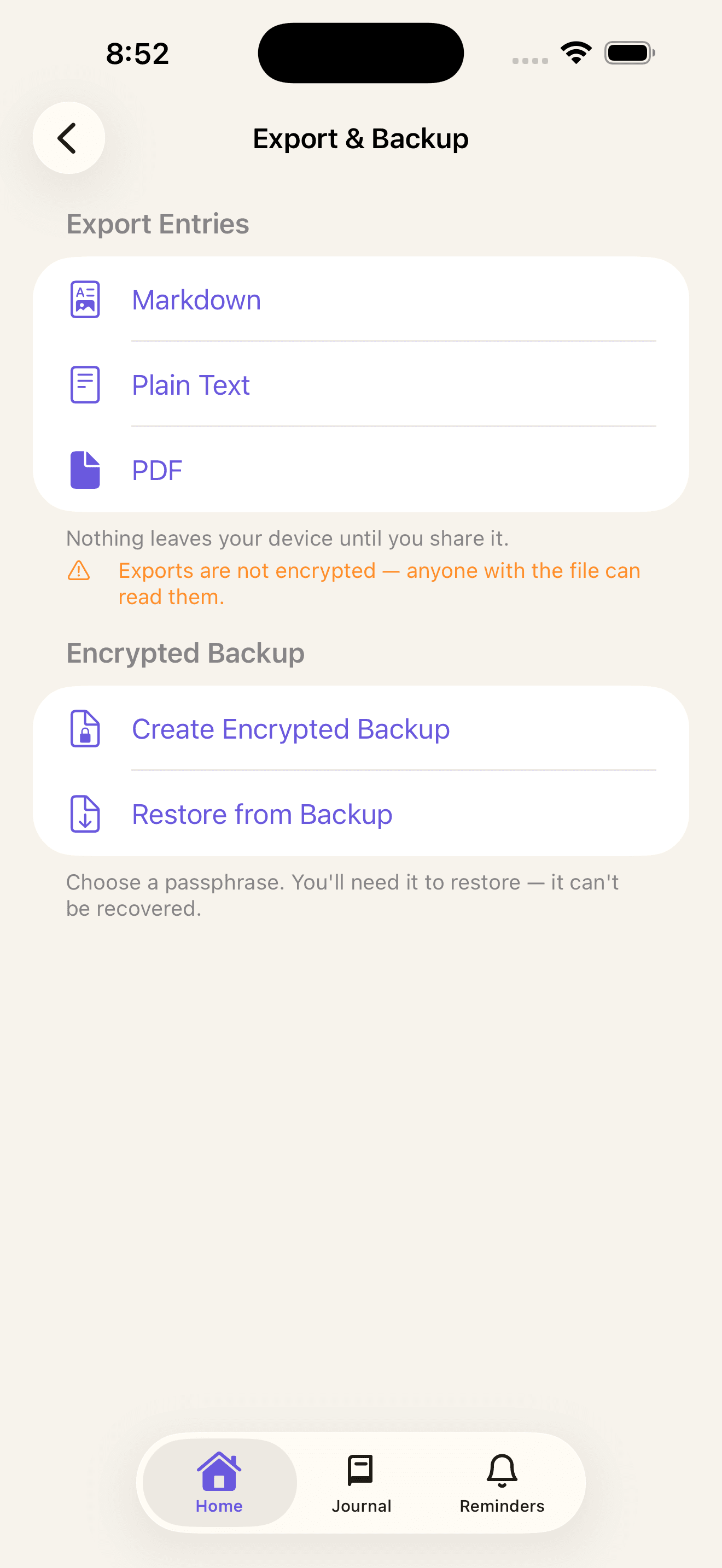 The Export and Backup screen offering Markdown, Plain Text, and PDF exports plus encrypted backup and restore